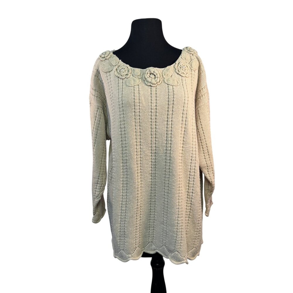 Maggie Lawrence Beige Knit Pullover Sweater Women’s Floral Detail NO Sz Tag